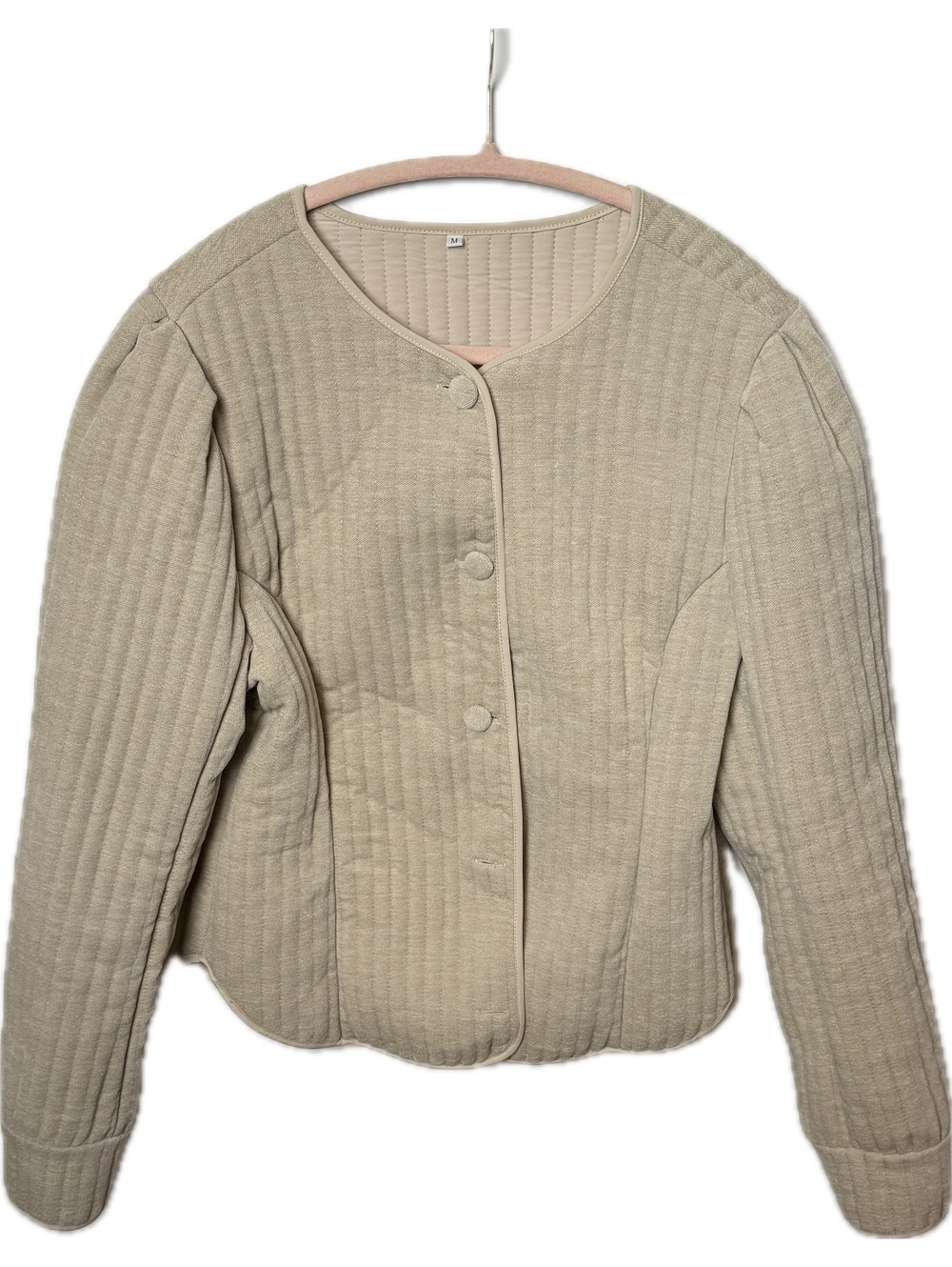 Women’s Medium Beige Quilted Cotton Jacket Collarless Button Front